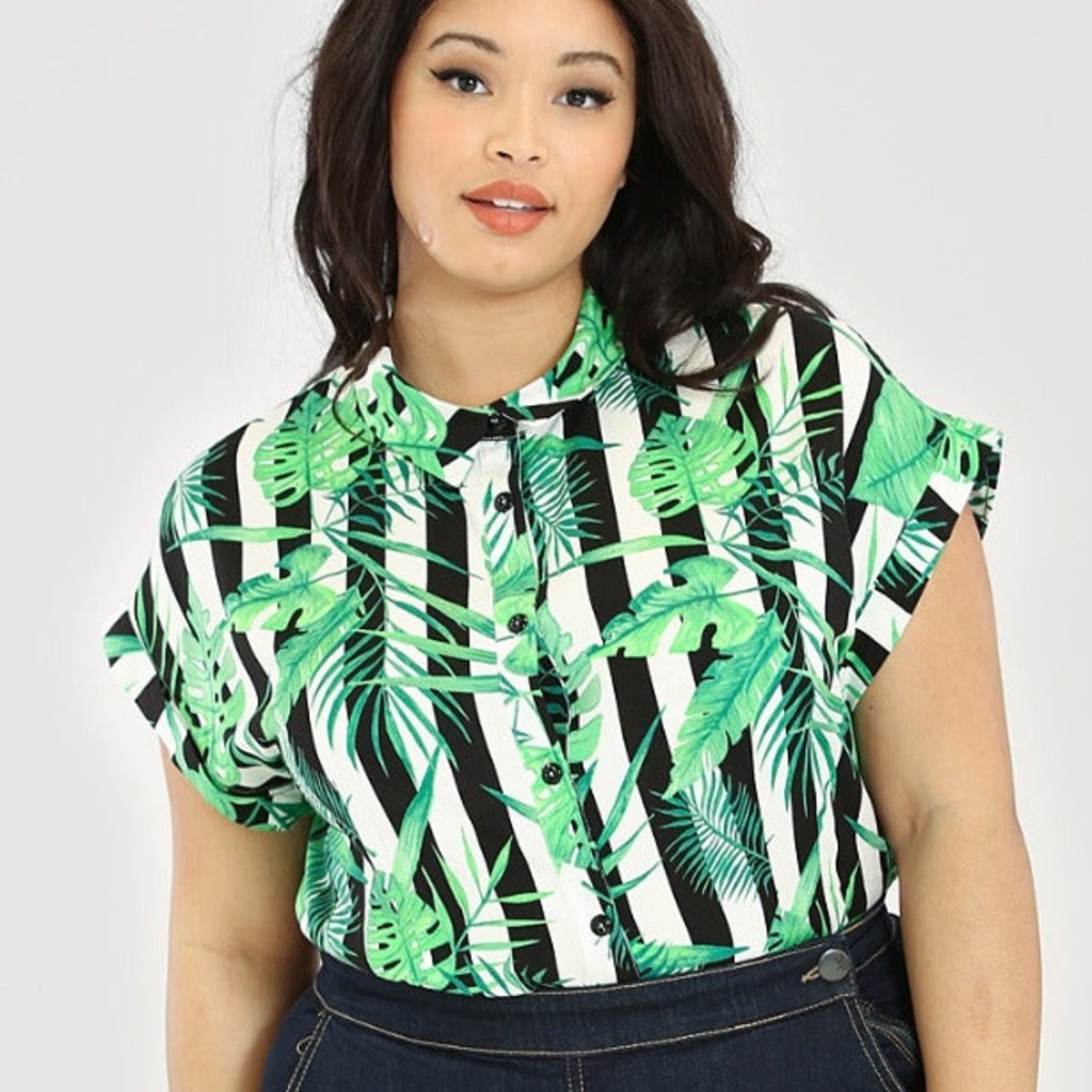 Hell Bunny solana shirt botanical Green Leaf Print short sleeve button down 4x
